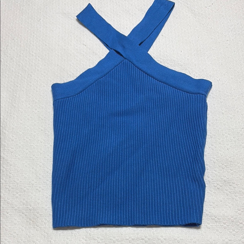 House of Harlow 1960 Blue Sleeveless Ribbed Tank Top with Cut Out Design